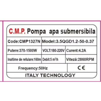 Pompa de apa submersibila Campion 3.5QGD1.2-50-0.37 inaltime de refulare 160m ,Debit 5 m³/h, putere 1500w cmp 1327N