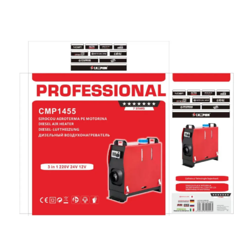 Aeroterma pe motorina 8kW, rezervor 5L, sirocou 220V/12V/24V, cu evacuare, telecomanda, afisaj digital, Campion CMP1455