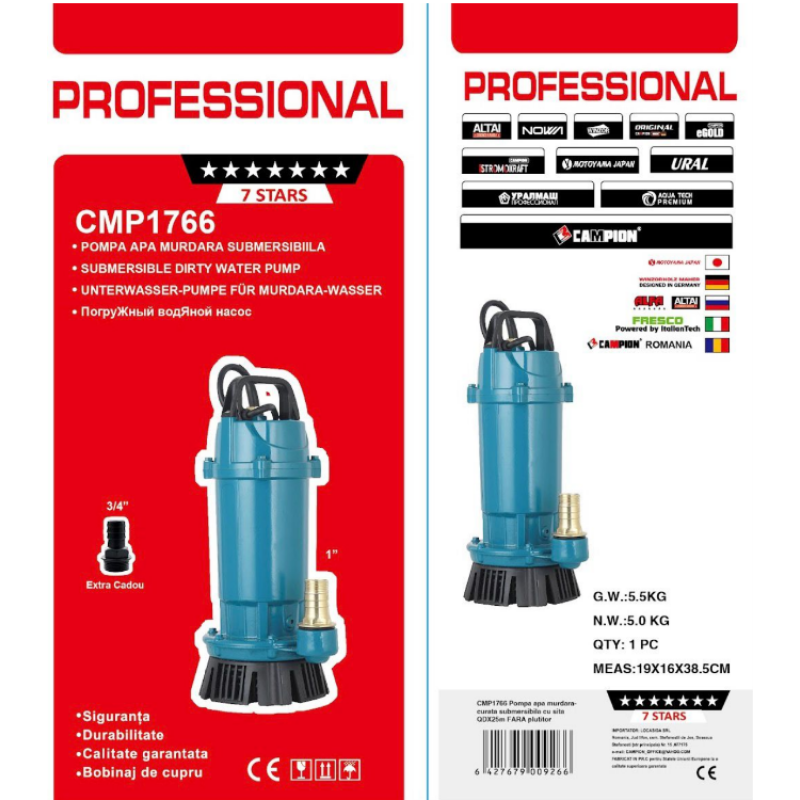 Pompa submersibila apa murdara / curata Campion QDX3-25, 0.75KW, debit 3 m³/h, refulare 25 m, fara plutitor