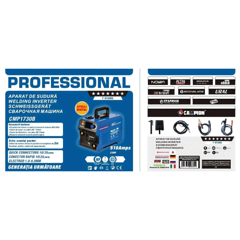 Aparat de sudura tip Invertor cu sarma 510A, MMA/MIG/MAG (TIG optional) CABLU SUDURA 3M, afisaj digital, ventilat, URAL MASH IGBT TEHNOLOGY ULTRA HYBRID POWER, CMP1730B