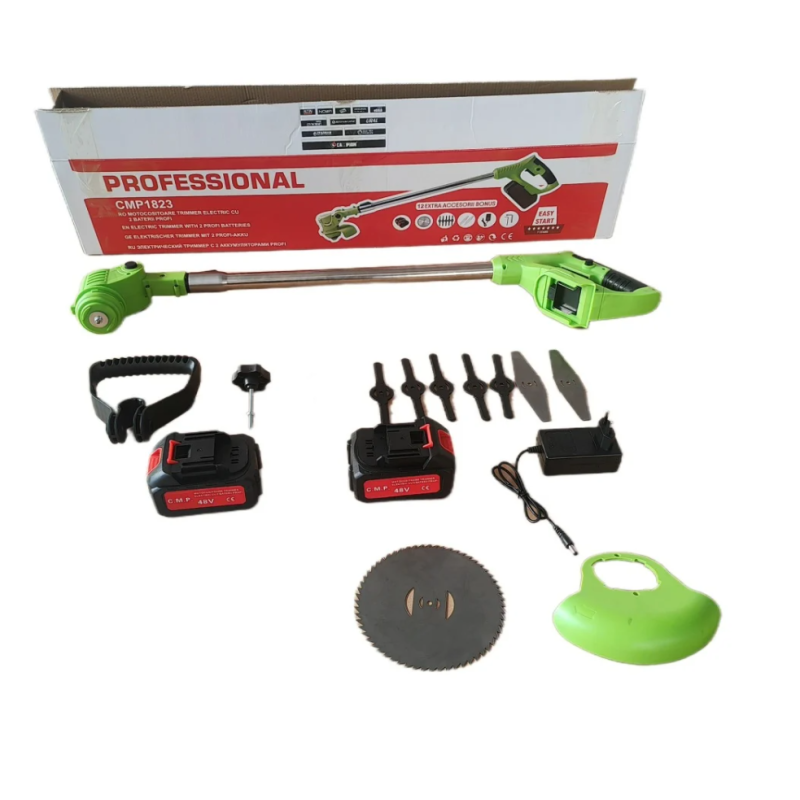 Motocoasa Electrica Motoyama, 1500W cu 2 Acumulatori 48V, Roti Detasabile si 3 Unghiuri de Taiere – Accesorii Incluse, Design Rezistent din ABS si Metal, Verde