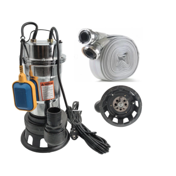 Pachet  Pompa pentru apa murdara DDT, cu plutitor si tocator , 3000 W , Adancime evacuare maxim 8 Metri, corp inox + Furtunul de pompier 2'' 20 m, 8 bari, cu cuple