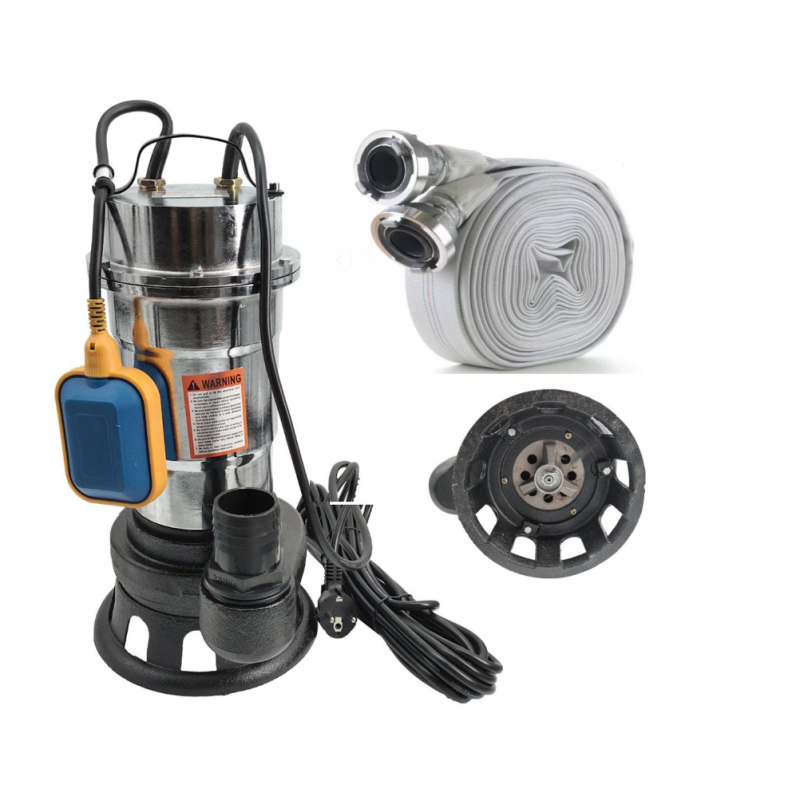 Pachet  Pompa pentru apa murdara DDT, cu plutitor si tocator , 3000 W , Adancime evacuare maxim 8 Metri, corp inox + Furtunul de pompier 2'' 20 m, 8 bari, cu cuple