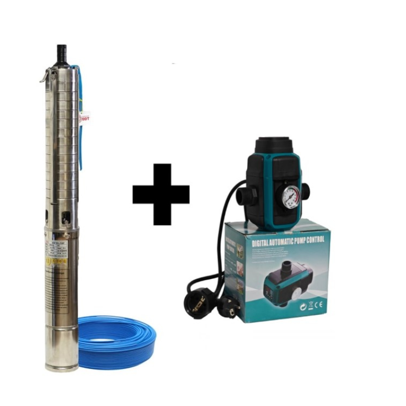 Pachet  Pompa submersibilă de adâncime DDT 4SP5/12 – 1.8 kW, 2.5 CP,8 m³/h, 90 m inaltimea de refulare , 12 turbine inox cu panou de control, rezistenta la nisip + Presostat electronic inteligent