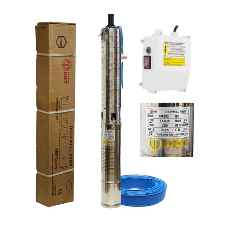 Pachet  Pompa submersibilă de adâncime DDT 4SP5/12 – 1.8 kW, 2.5 CP,8 m³/h, 90 m inaltimea de refulare , 12 turbine inox cu panou de control, rezistenta la nisip + Presostat electronic inteligent