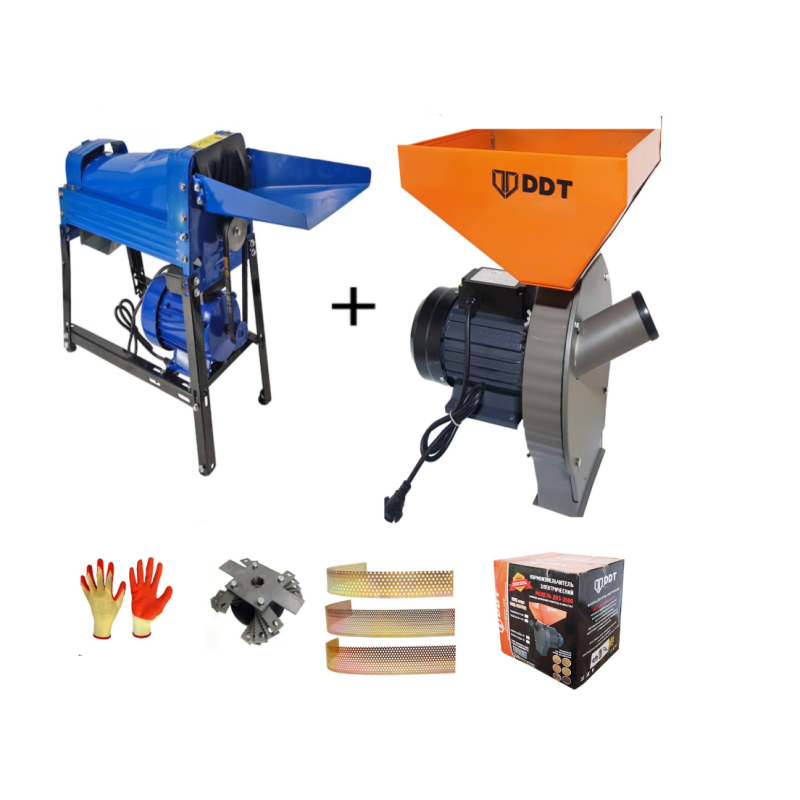 Pachet  Moara cereale, uruiala si stiuleti, 3.5 Kw + Batoza/Masina de porumb electrica pentru curatat porumb, DDT Profi, motor inclus, 1500 W, 800 kg/h, Buton on/off
