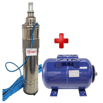 Pachet  Pompa submersibila, DDT, QGD120, Inox complet, suruburi inox, sita protectie, 20 m cablu, 120 m, 3 m³/h + Vas de expansiune , Bazin hidrofor DDT , 24 LT , Membrana inclus