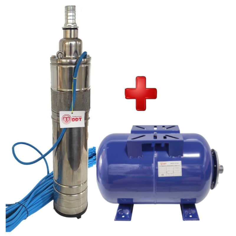 Pachet  Pompa submersibila, DDT, QGD120, Inox complet, suruburi inox, sita protectie, 20 m cablu, 120 m, 3 m³/h + Vas de expansiune , Bazin hidrofor DDT , 24 LT , Membrana inclus