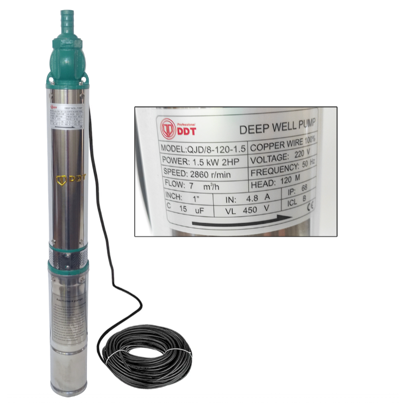 Pachet  Pompa submersibila de mare adancime, DDT, QJD120-1.5, 1500 W, Inox, 8 turbine + Vas de expansiune , Bazin hidrofor DDT , 24 LT , Membrana inclus