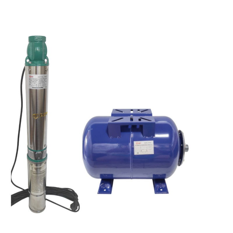 Pachet  Pompa submersibila de mare adancime, DDT, QJD120-1.5, 1500 W, Inox, 8 turbine + Vas de expansiune , Bazin hidrofor DDT , 50 LT , Membrana inclus