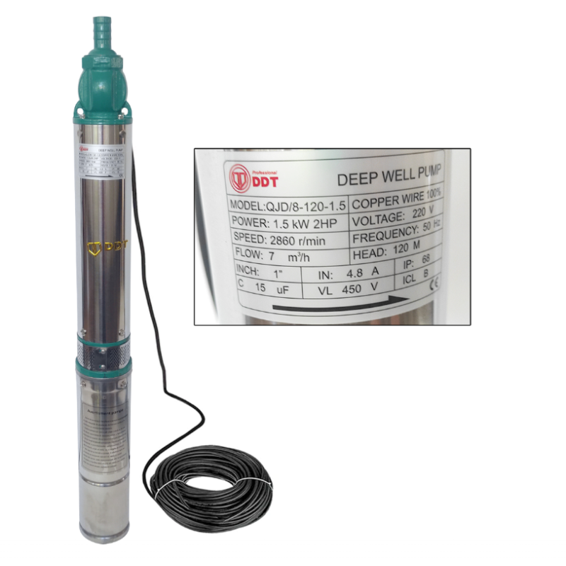 Pachet  Pompa submersibila de mare adancime, DDT, QJD120-1.5, 1500 W, Inox, 8 turbine + Vas de expansiune , Bazin hidrofor DDT , 50 LT , Membrana inclus