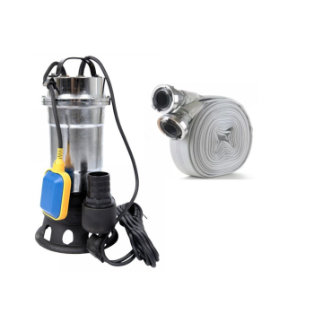 Pachet  Pompa pentru apa murdara cu plutitor fara tocator, DDT, Inox, SWP2550F, 2550 W, 25 mc/h + Furtunul de pompier 2'' 20 m, 8 bari, cu cuple