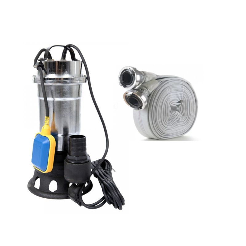 Pachet  Pompa pentru apa murdara cu plutitor fara tocator, DDT, Inox, SWP2550F, 2550 W, 25 mc/h + Furtunul de pompier 2'' 20 m, 8 bari, cu cuple