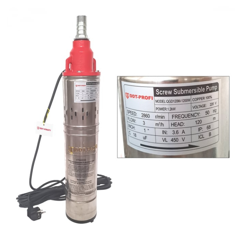Pachet  Pompa submersibila, Bobinaj 100% cupru, DDT-PROFI, QGD120-1.2 , 1.2 kW, Inox + Fonta, 3 m³/h, 120 m + Prescontrol LS6
