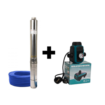 Pachet  Pompa submersibila de mare adancime, DDT, 4SDM3-16, 2200 W, 16 turbine, 10 m³/h Inox, 30 m cablu + Presostat electronic inteligent digital reglabil DDT