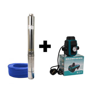 Pachet  Pompa submersibila de mare adancime, DDT, 4SDM3-20, 2500 W, 20 turbine, 12 m³/h Inox, 30 m cablu + Presostat electronic inteligent digital reglabil DDT