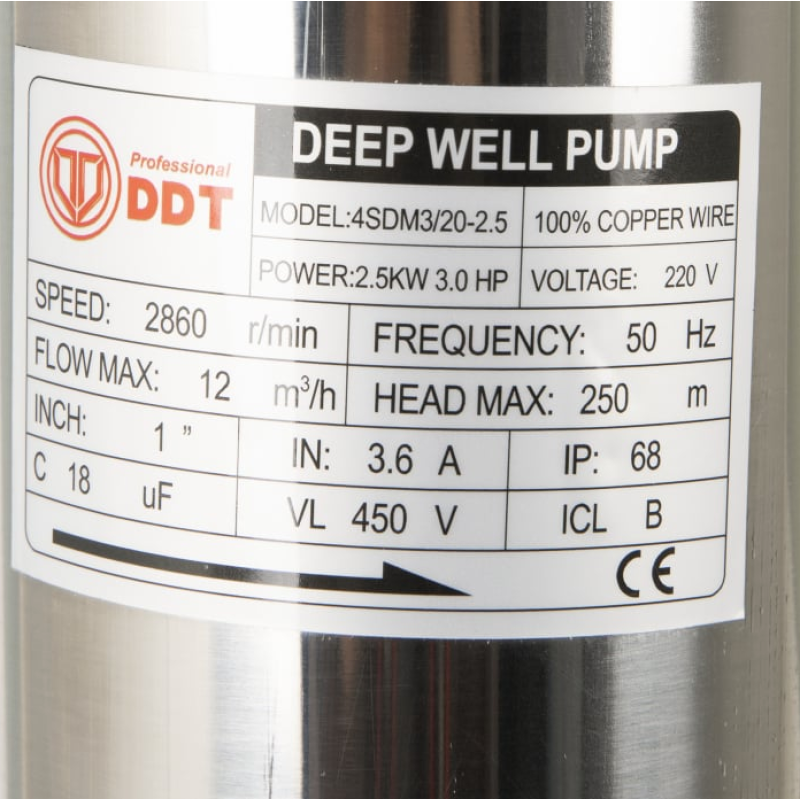 Pachet  Pompa submersibila de mare adancime, DDT, 4SDM3-20, 2500 W, 20 turbine, 12 m³/h Inox, 30 m cablu + Presostat electronic inteligent digital reglabil DDT