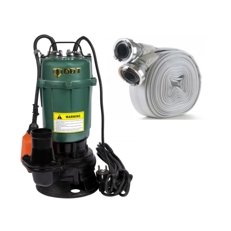 Pachet  Pompa submersibila apa murdara, cu plutitor, fara tocator, DDT, WQD10, 2200 W, 10 m³/h, 8 m + Furtunul de pompier 2'' 20 m, 8 bari, cu cuple + Furtun de pompier 2'' 20 m