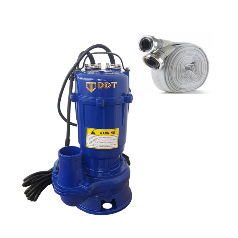 Pachet  Pompa apa murdara submersibila cu tocator si plutitor, DDT, WQCD, 2200 W, 8 m³/h + Furtunul de pompier 2'' 20 m, 8 bari, cu cuple + Furtun de pompier 2'' 20 m