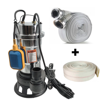 Pachet  Pompa pentru apa murdara DDT, cu plutitor si tocator , 3000 W , Adancime evacuare maxim 8 Metri, corp inox + Furtunul de pompier 2'' 20 m, 8 bari, cu cuple + Furtunul de pompier 2'' 20 m