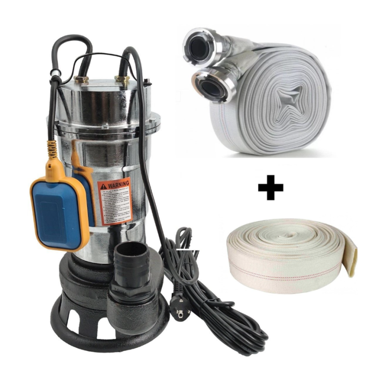 Pachet  Pompa pentru apa murdara DDT, cu plutitor si tocator , 3000 W , Adancime evacuare maxim 8 Metri, corp inox + Furtunul de pompier 2'' 20 m, 8 bari, cu cuple + Furtunul de pompier 2'' 20 m