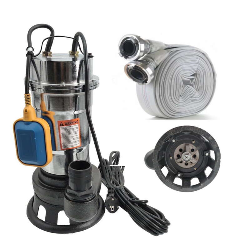 Pachet  Pompa pentru apa murdara DDT, cu plutitor si tocator , 3000 W , Adancime evacuare maxim 8 Metri, corp inox + Furtunul de pompier 2'' 20 m, 8 bari, cu cuple + Furtunul de pompier 2'' 20 m