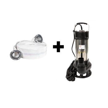Pachet Pompa submersibila cu dublu tocator pentru apa murdara, DDT, V1500T, 1500W Inox + Furtunul de pompier 2'' 20 m, 8 bari, cu cuple