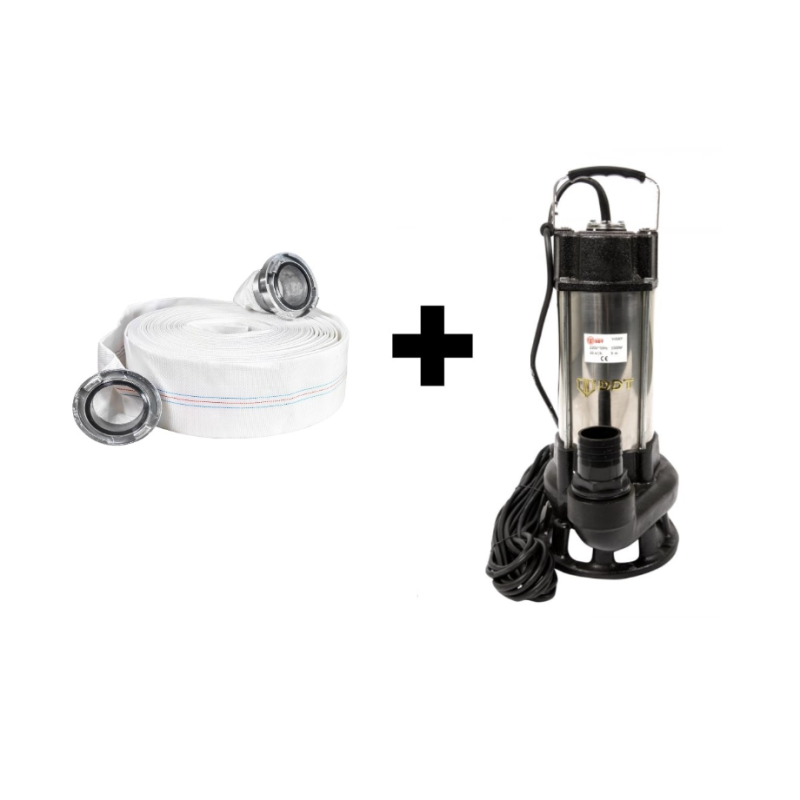 Pachet Pompa submersibila cu dublu tocator pentru apa murdara, DDT, V1500T, 1500W Inox + Furtunul de pompier 2'' 20 m, 8 bari, cu cuple