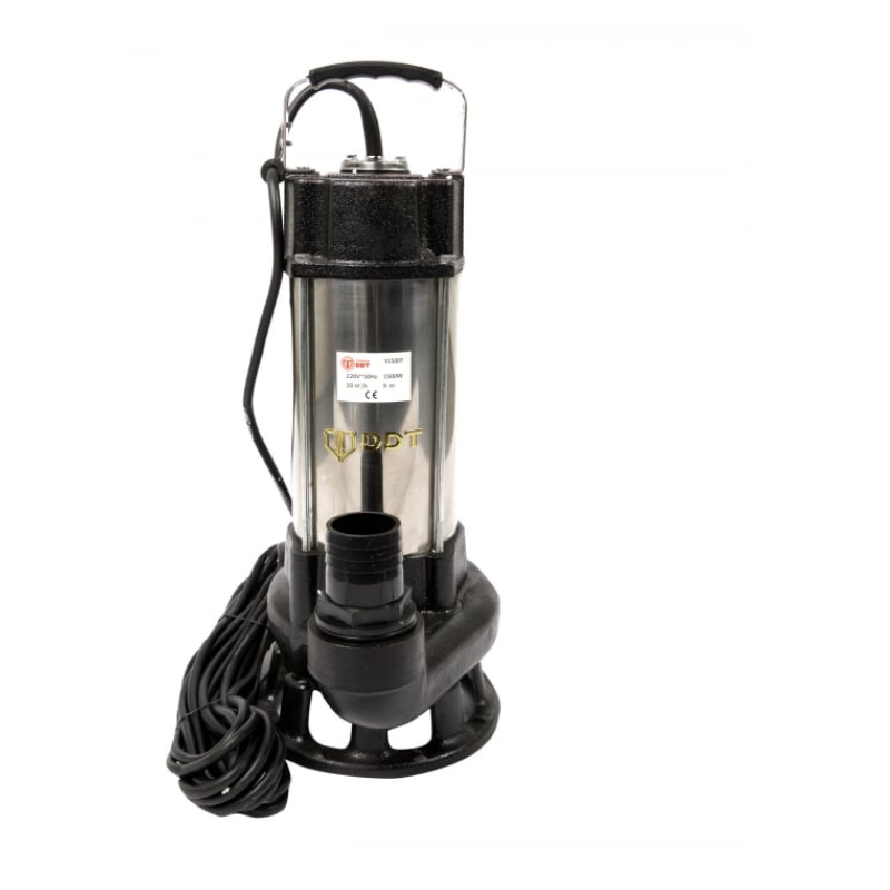 Pachet Pompa submersibila cu dublu tocator pentru apa murdara, DDT, V1500T, 1500W Inox + Furtunul de pompier 2'' 20 m, 8 bari, cu cuple