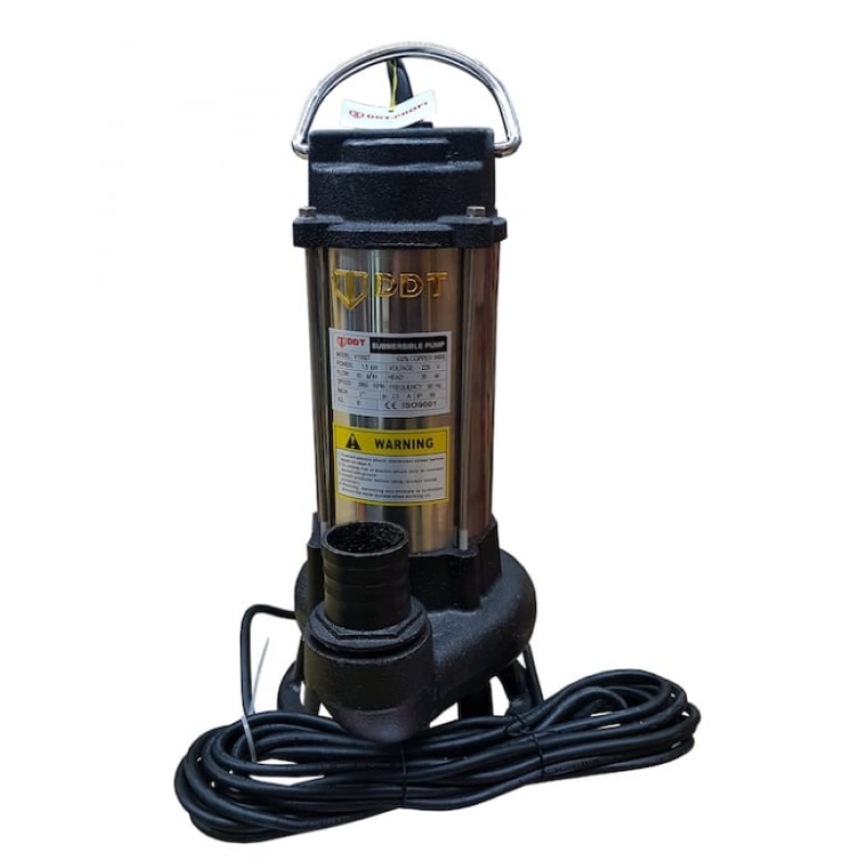 Pachet Pompa submersibila cu dublu tocator pentru apa murdara, DDT, V1500T, 1500W Inox + Furtunul de pompier 2'' 20 m, 8 bari, cu cuple
