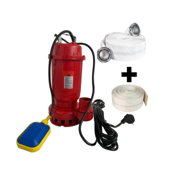 Pachet  Pompa apa murdara din fonta DDT rosie WQD10 cu plutitor, 1100 W, 15 m³/h + Furtunul de pompier 2'' 20 m, 8 bari, cu cuple + Furtunul de pompier 2'' 20 m, 8 bari