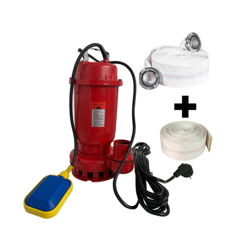 Pachet  Pompa apa murdara din fonta DDT rosie WQD10 cu plutitor, 1100 W, 15 m³/h + Furtunul de pompier 2'' 20 m, 8 bari, cu cuple + Furtunul de pompier 2'' 20 m, 8 bari