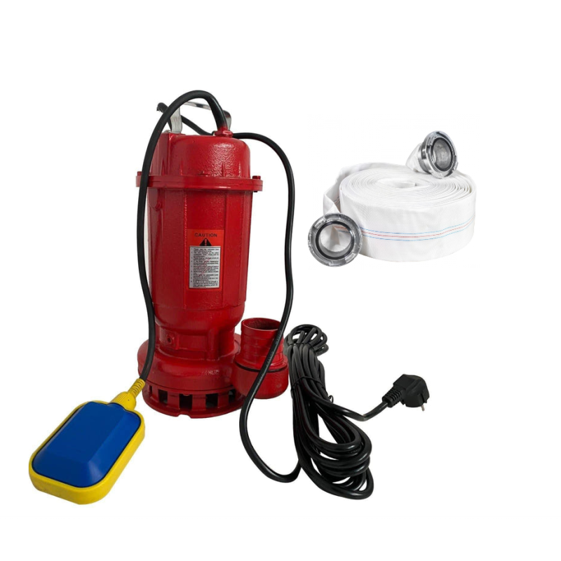 Pachet  Pompa apa murdara din fonta DDT rosie WQD10 cu plutitor, 1100 W, 15 m³/h + Furtunul de pompier 2'' 20 m, 8 bari, cu cuple + Furtunul de pompier 2'' 20 m, 8 bari