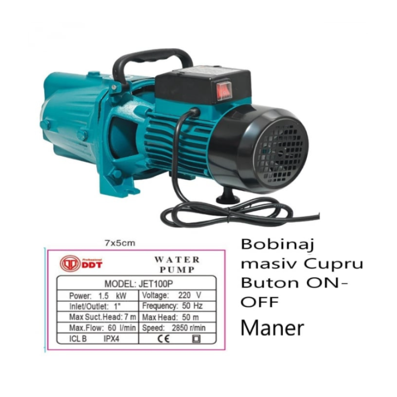Pachet Pompa de suprafata JET100P, 1.5kW, apa curata, 60L/min, 50m, 1" cu buton pornire-oprire si bobinaj masiv cupru + Presostat electronic automat DDT LS1, 1.1kW, 10 bar
