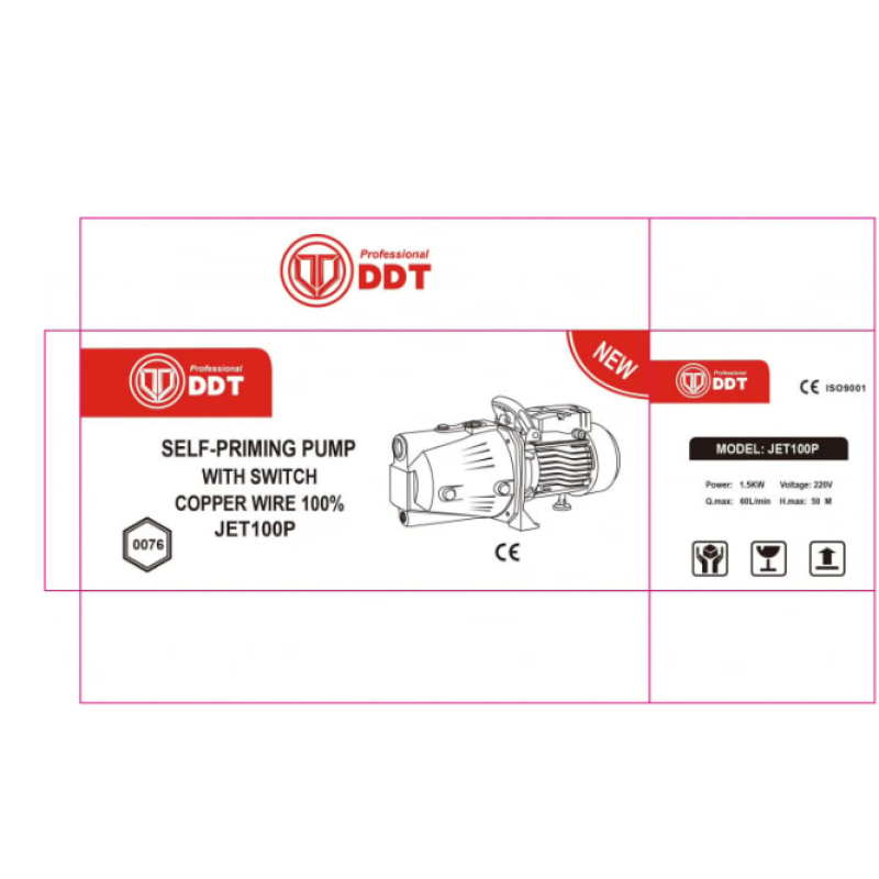 Pachet Pompa de suprafata JET100P, 1.5kW, apa curata, 60L/min, 50m, 1" cu buton pornire-oprire si bobinaj masiv cupru + Presostat electronic automat DDT LS1, 1.1kW, 10 bar
