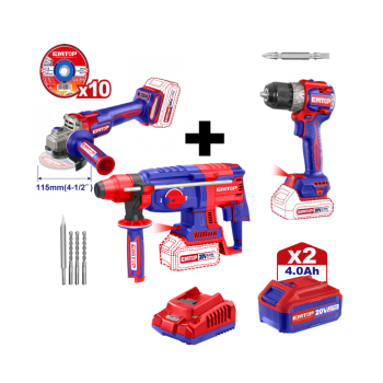 Pachet  Polizor unghiular, motor fara perii (brushless), 115mm, 10 discuri incluse + Ciocan rotopercutor + Masina de gaurit si insurubat + 2 acumulatori 4.0Ah