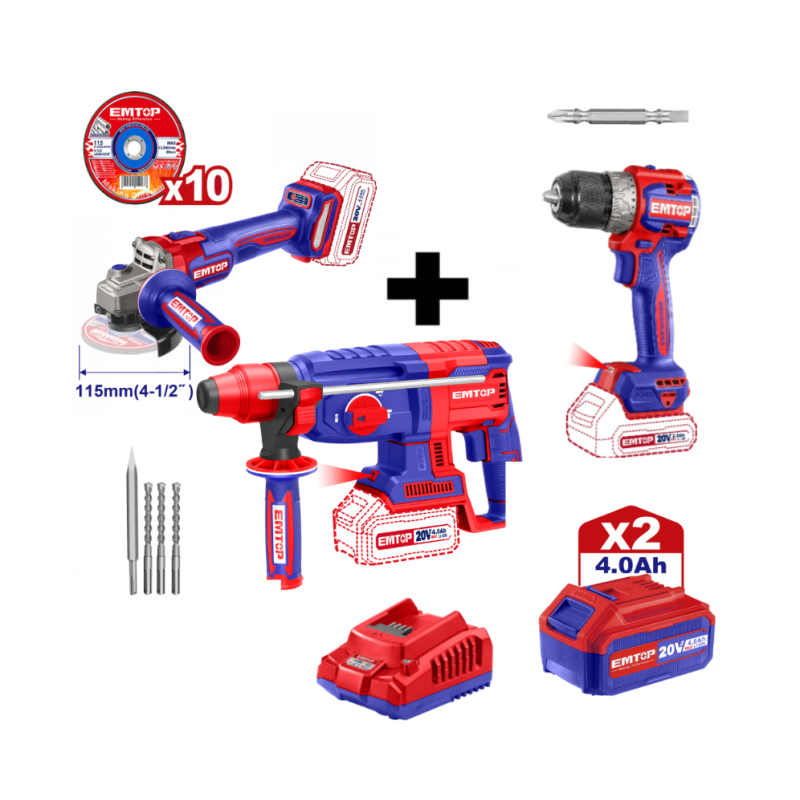 Pachet  Polizor unghiular, motor fara perii (brushless), 115mm, 10 discuri incluse + Ciocan rotopercutor + Masina de gaurit si insurubat + 2 acumulatori 4.0Ah
