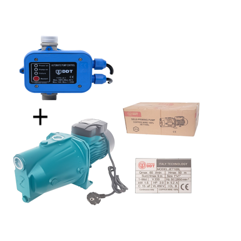 Pachet Pompa de suprafata, DDT, JET100L, 1500 W, Fonta, Bobinaj 100% cupru + Presostat electronic automat DDT LS1, 1.1kW, 10 bar
