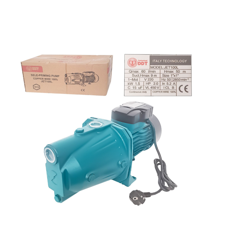 Pachet Pompa de suprafata, DDT, JET100L, 1500 W, Fonta, Bobinaj 100% cupru + Presostat electronic automat DDT LS1, 1.1kW, 10 bar