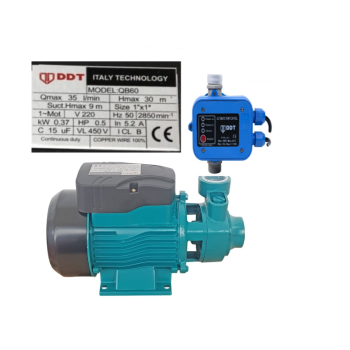 Pachet Pompa de suprafata DDT QB60, 370 W, aspiratie 7 m, refulare 30 m, BOBINAJ CUPRU + Presostat electronic automat DDT LS1, 1.1kW, 10 bar