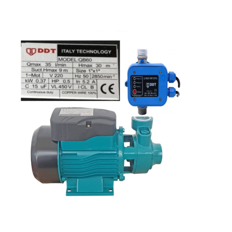 Pachet Pompa de suprafata DDT QB60, 370 W, aspiratie 7 m, refulare 30 m, BOBINAJ CUPRU + Presostat electronic automat DDT LS1, 1.1kW, 10 bar