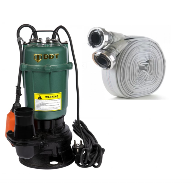 Pachet  Pompa submersibila apa murdara, cu plutitor, fara tocator, DDT, WQD10, 2200 W, 10 m³/h, 8 m + Furtunul de pompier 2'' 20 m, 8 bari, cu cuple