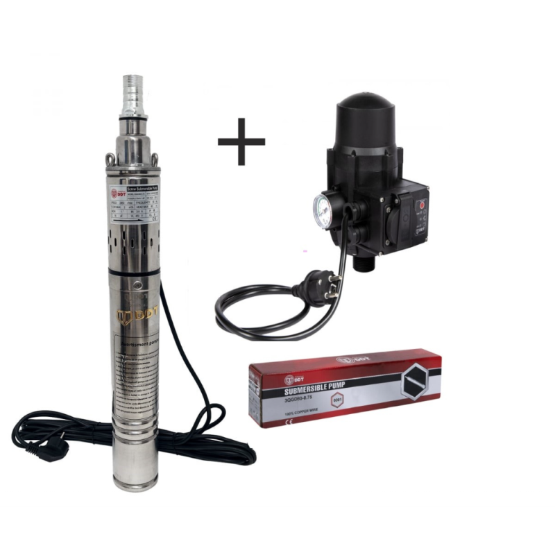 Pachet Pompa submersibila, DDT, 3QGD 0.75 kW, Inox, 75 mm diametru + Presostat electronic automat, DDT, LS-4
