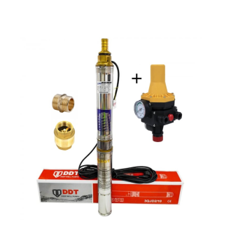 Pachet  Pompa submersibila, DDT, 3QJD-1.1, 1.1 kW, Inox, 75 mm diametru, 10 turbine + Prescontrol LS6 + supapa de sens si niplu