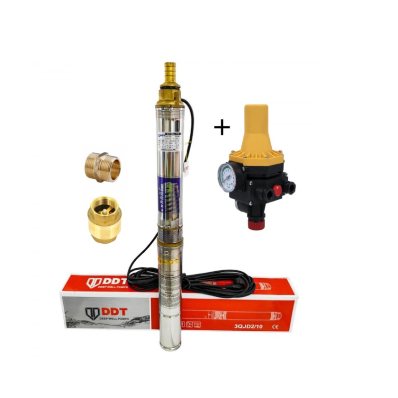 Pachet  Pompa submersibila, DDT, 3QJD-1.1, 1.1 kW, Inox, 75 mm diametru, 10 turbine + Prescontrol LS6 + supapa de sens si niplu