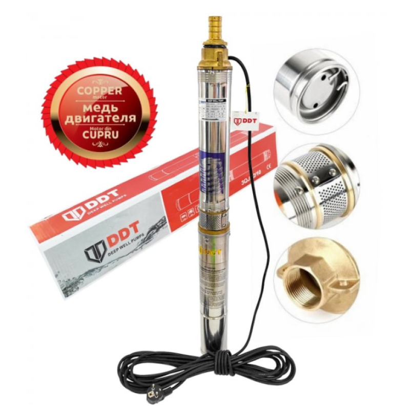 Pachet  Pompa submersibila, DDT, 3QJD-1.1, 1.1 kW, Inox, 75 mm diametru, 10 turbine + Prescontrol LS6 + supapa de sens si niplu