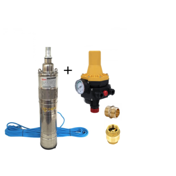 Pachet Pompa submersibila, DDT, QGD120, Inox complet, suruburi inox, sita protectie, 20 m cablu, 120 m, 3 m³/h + Prescontrol LS6 + supapa de sens si niplu