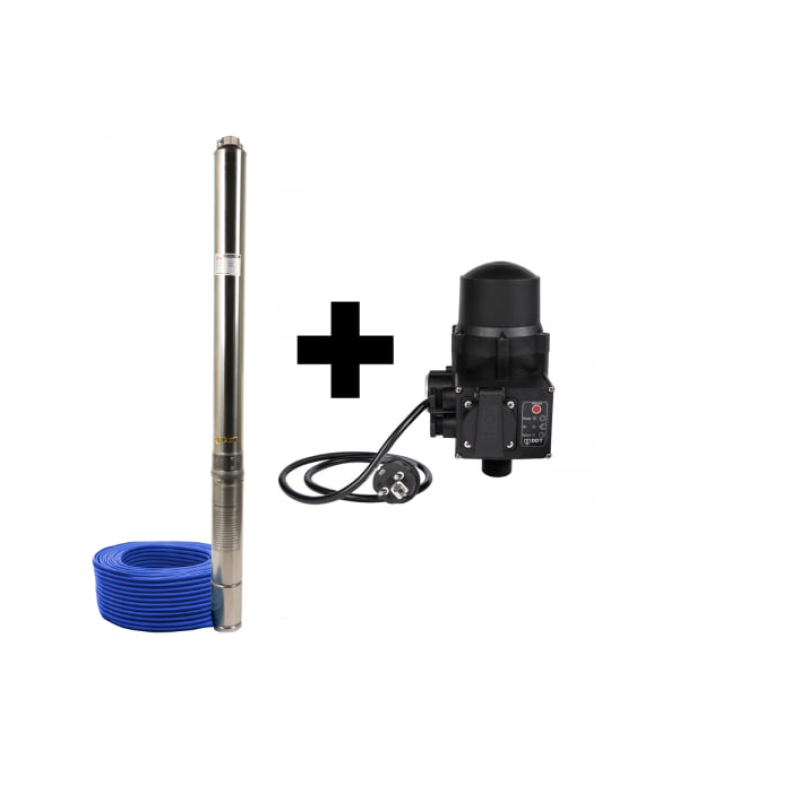 Pachet  Pompa submersibila de mare adancime, DDT, 4SDM3-20, 2500 W, 20 turbine, 12 m³/h Inox, 30 m cablu + Presostat electronic automat DDT, LS-4