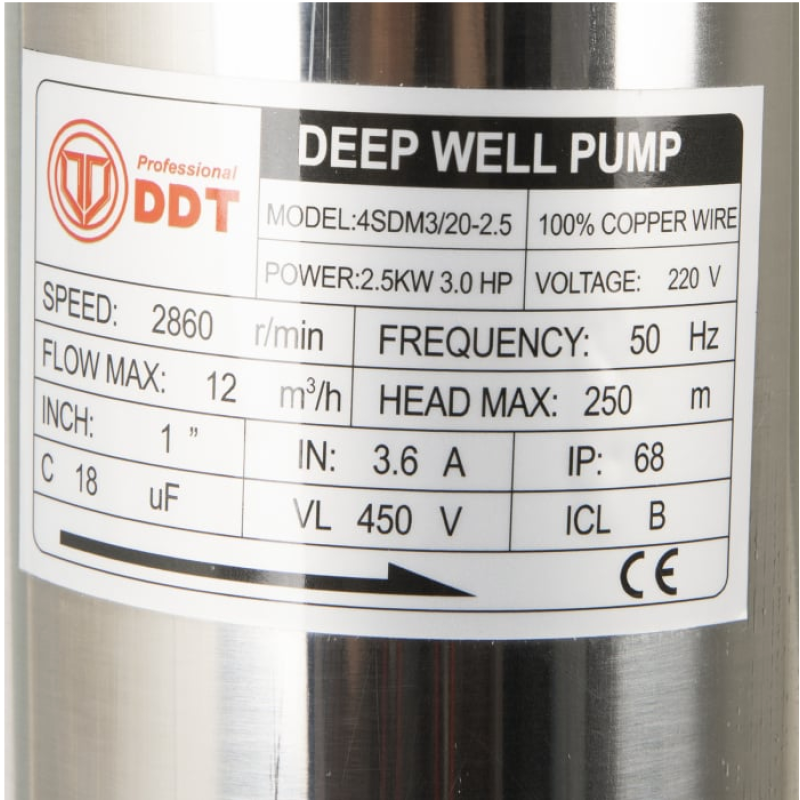 Pachet  Pompa submersibila de mare adancime, DDT, 4SDM3-20, 2500 W, 20 turbine, 12 m³/h Inox, 30 m cablu + Presostat electronic automat DDT, LS-4