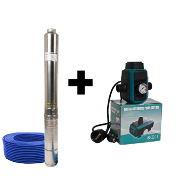 Pachet Pompa submersibila de mare adancime, DDT, 4SDM3-7, 1500 W, 7 m³/h, 7 turbine, Inox, 30 m cablu + Presostat electronic inteligent digital reglabil DDT
